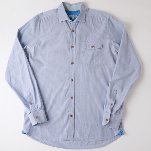 Ted Baker Shirt Mens M blue Plaid Cotton Long Sleeve Button-Up *yellowing - Picture 2 of 13